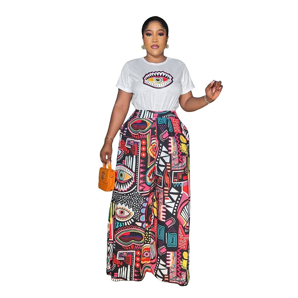 Printed Two-Piece Set Round Neck Short Sleeve Top Loose Comfortable Long Pants Wide Leg Pants Women's Clothing