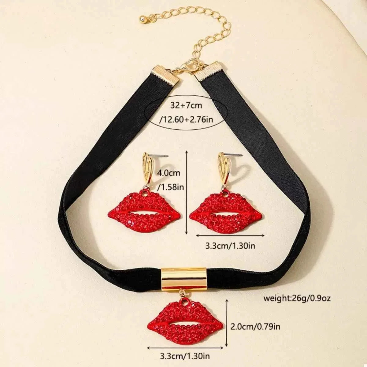 Rhinestone Lip Earrings and Necklace Jewelry Set
