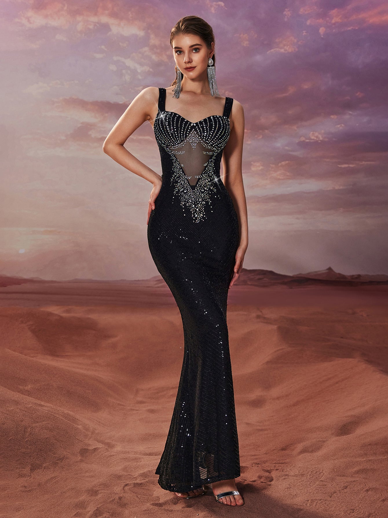Women Sequin Drilling See through Sexy Evening Dress Sleeveless Slim Fit Elegant Fishtail Dress