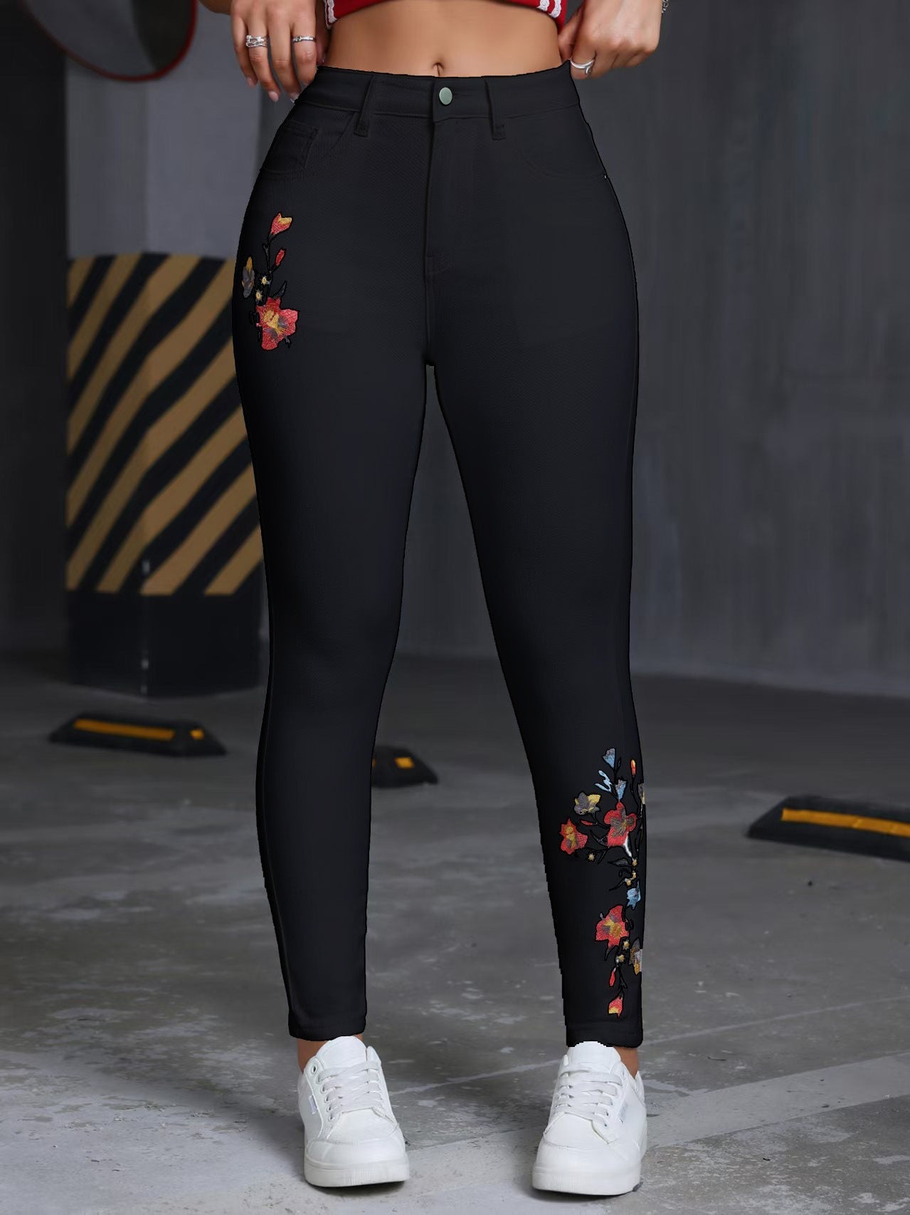 Floral Embroidered Skinny Stretch Jeans All Matching Casual Women Denim Skinny Pants