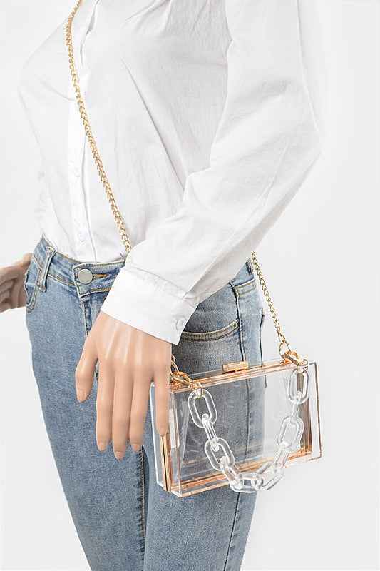Lucite Chain Handle Clear Stadium Box Clutch