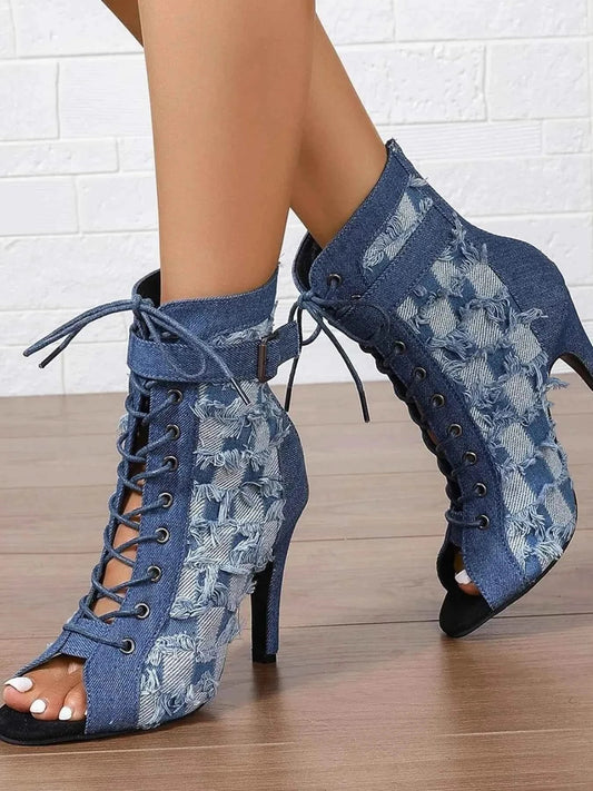 Distressed Denim Lace-Up Peep Toe Ankle Boots