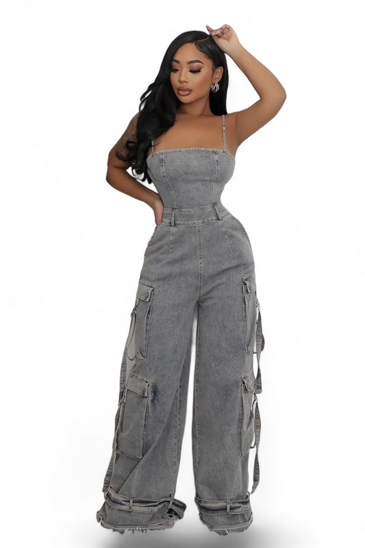 Black Denim Jean Cargo Jumpsuit
