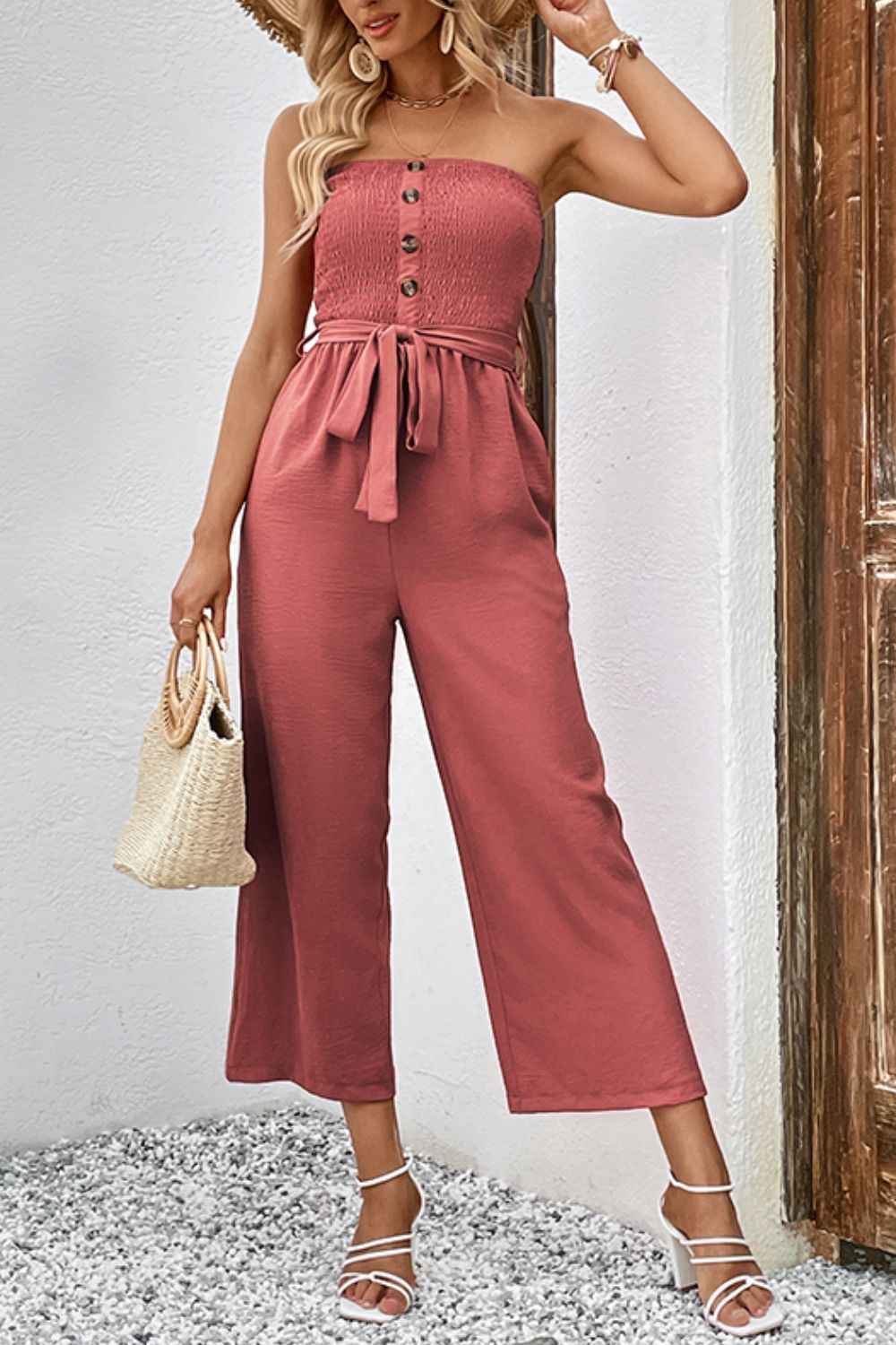 Perfee Decorative Button : Strapless Smocked Jumpsuit with Pockets