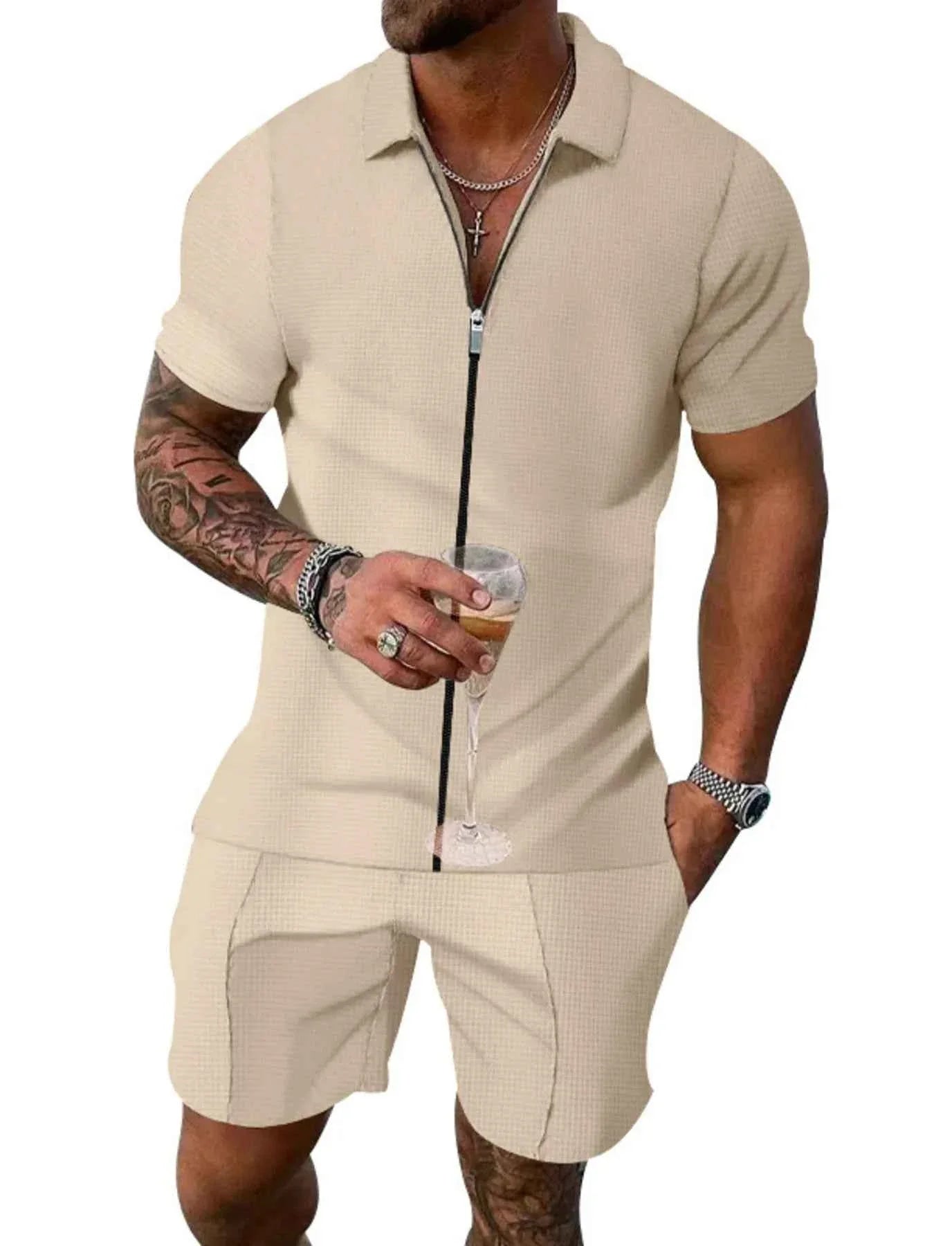 Men's Plus Size Zip Up Short Sleeve Top and Shorts Set