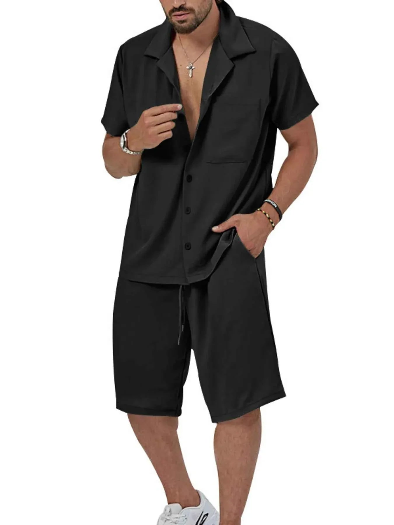 Men's Plus Size Button Up Short Sleeve Shirt and Shorts Set
