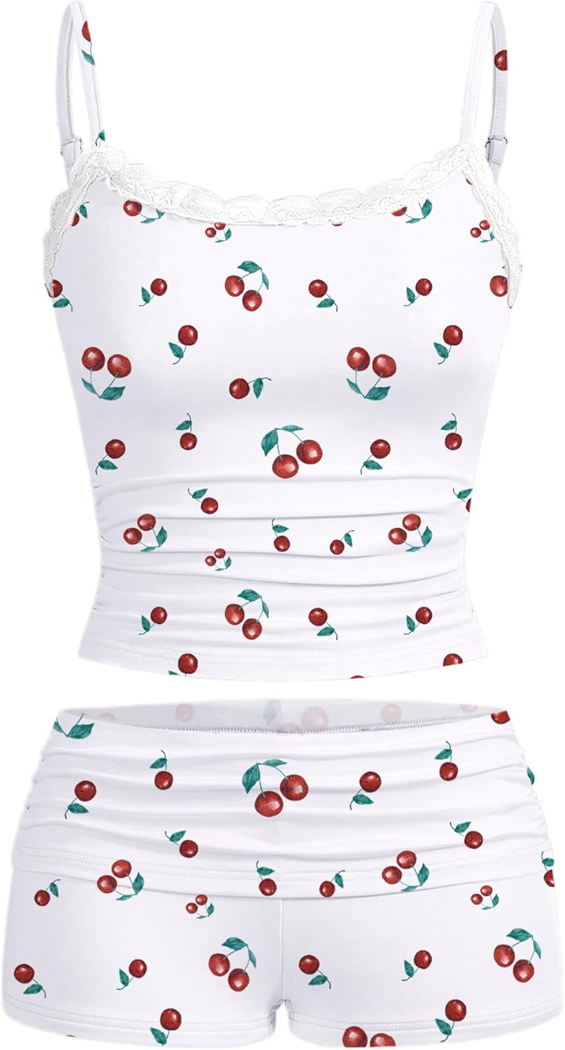 Hilinker 女士性感睡衣套裝,褶皺蕾絲吊帶背心和短褲,夏季可愛睡衣兩件套