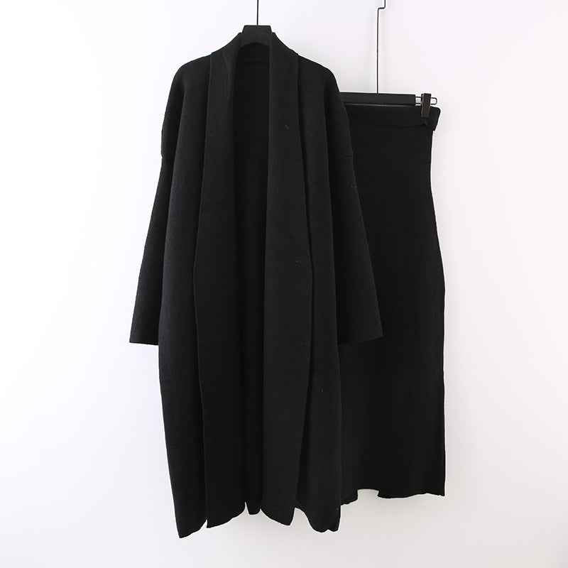 Autumn and winter lazy style mid length knitted jacket strapless dress two-piece set