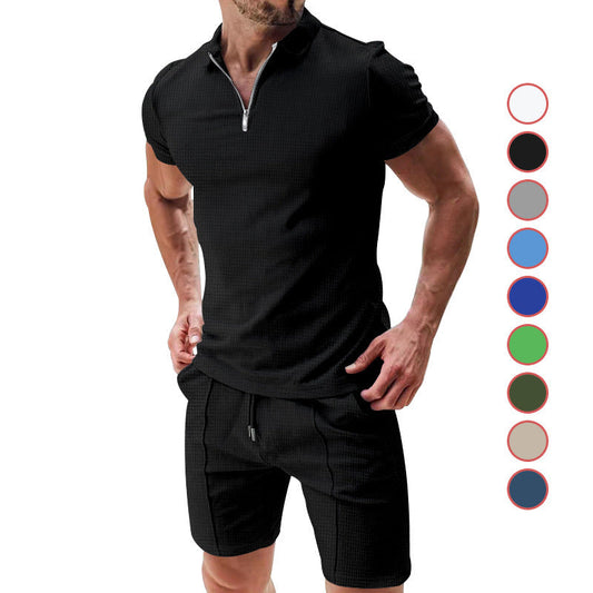 Conjunto de 2 piezas de camiseta informal de verano con solapa y cremallera, manga corta y pantalones cortos con bolsillos y cordón, camiseta versátil de color sólido para hombre.