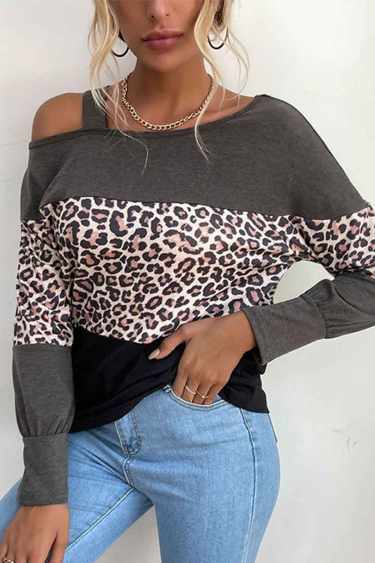 Perfee Leopard Print Color Block Cold Shoulder Top