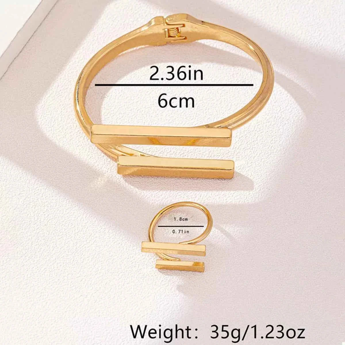 Adjustable 18K Gold-Plated Modern Bar Bracelet and Ring Jewelry Set