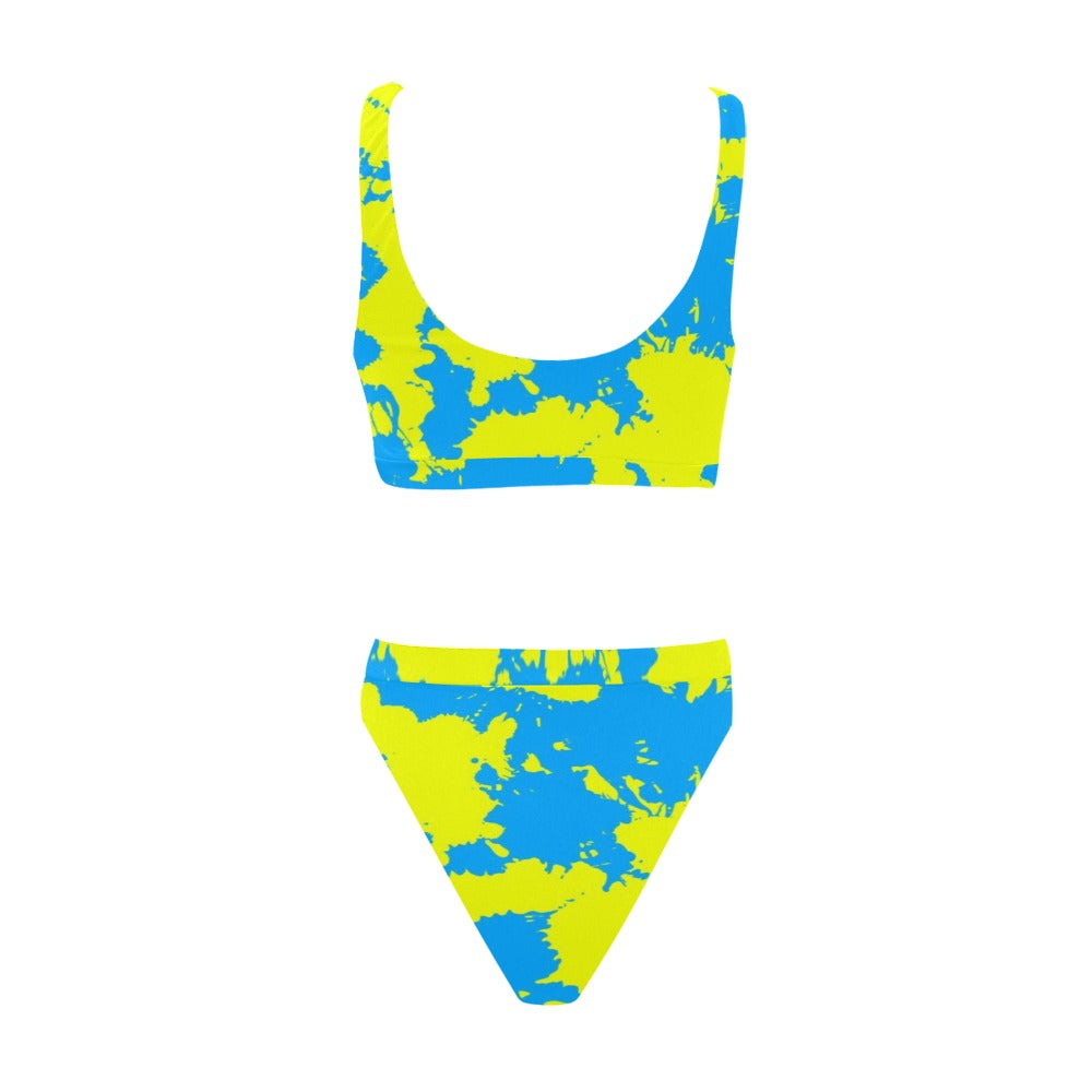 Yellow and Blue Paint Splatter Sport Top & High-Waisted Bikini Swimsuit / Rave Set
