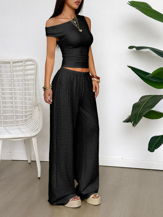 One Shoulder Top and Wide Leg Pants Set