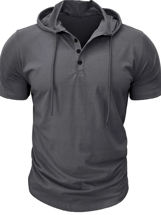 Men's Full Size Casual Hooded Henley T-Shirt Plus Size