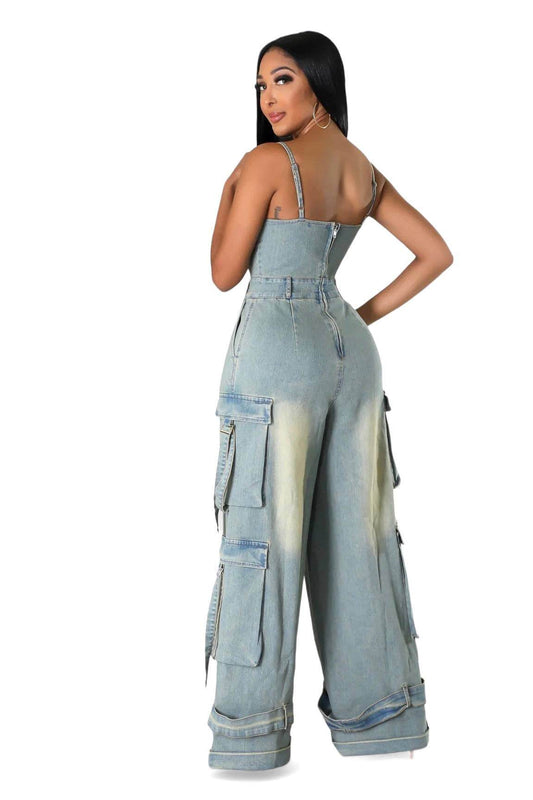 Dirty Wash Denim Jean Cargo Jumpsuit