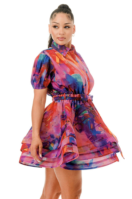 Short Sleeve Sheer Long Sleeve Layered Ruffle Dress