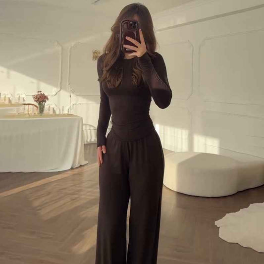 Fashionable Style Round Neck Solid Color Wide Leg Pants Elegant Commute Fashion Set