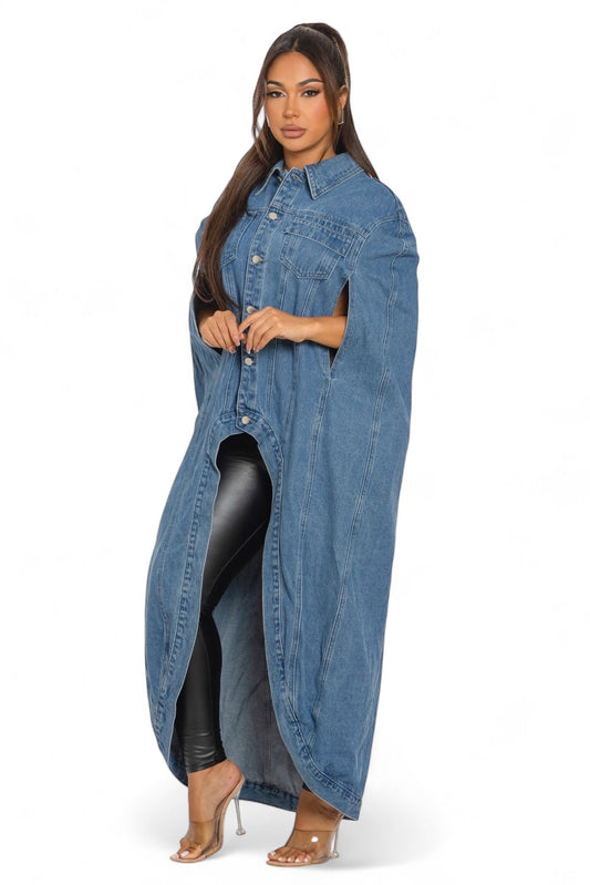Denim Hi Low Pancho Long Cape Jacket