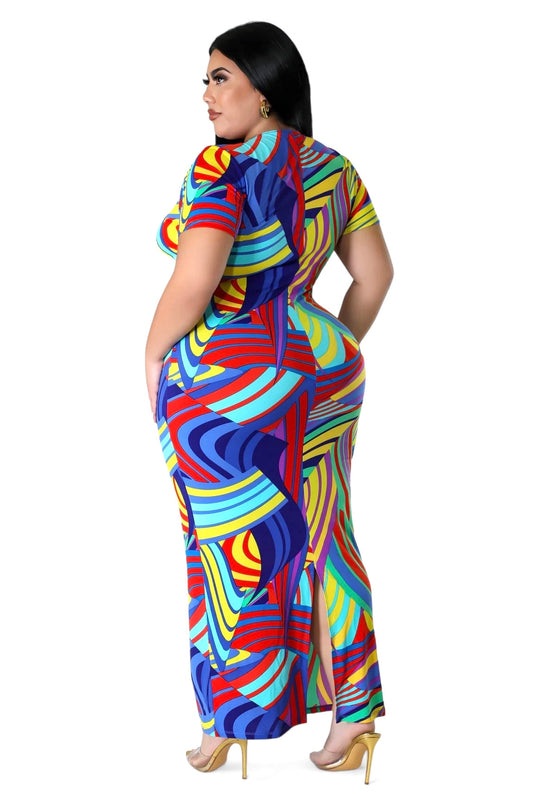 Curvy Multi Color V-NecK Maxi Dress