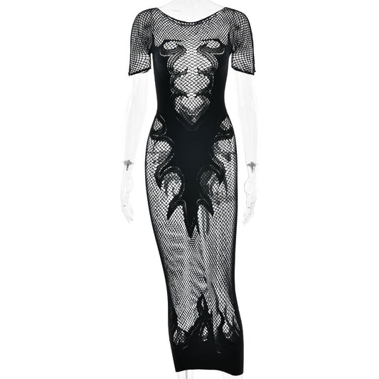 Sexy Cutout See through Tight Dress Sexy Flame Details Fishnet round Neck Dress