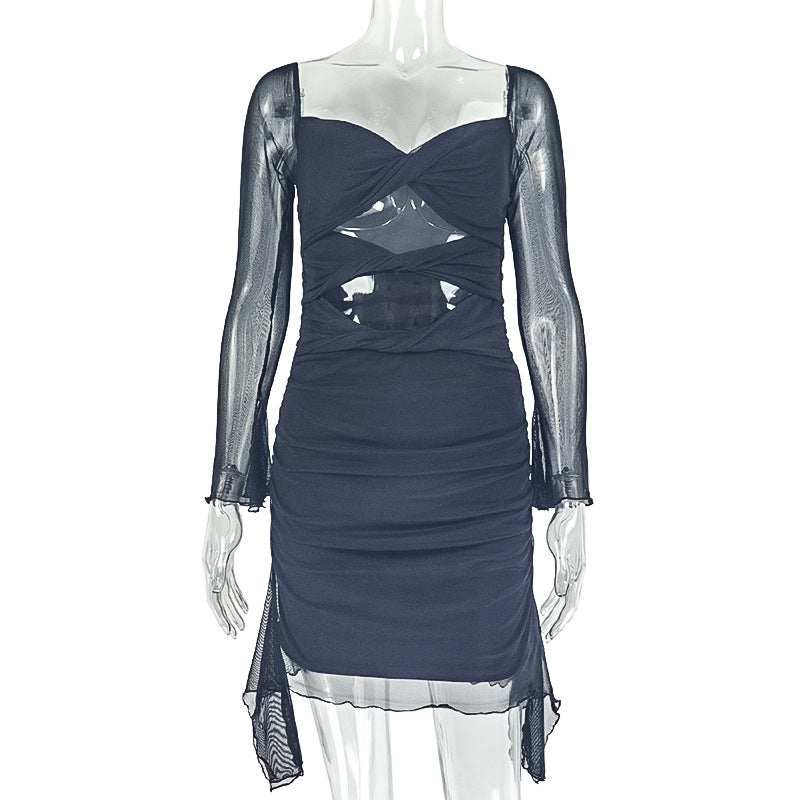 Personalized Design Women Hollow Out Cutout Pleated Hip U Neck Long Sleeved Solid Color Short Dress