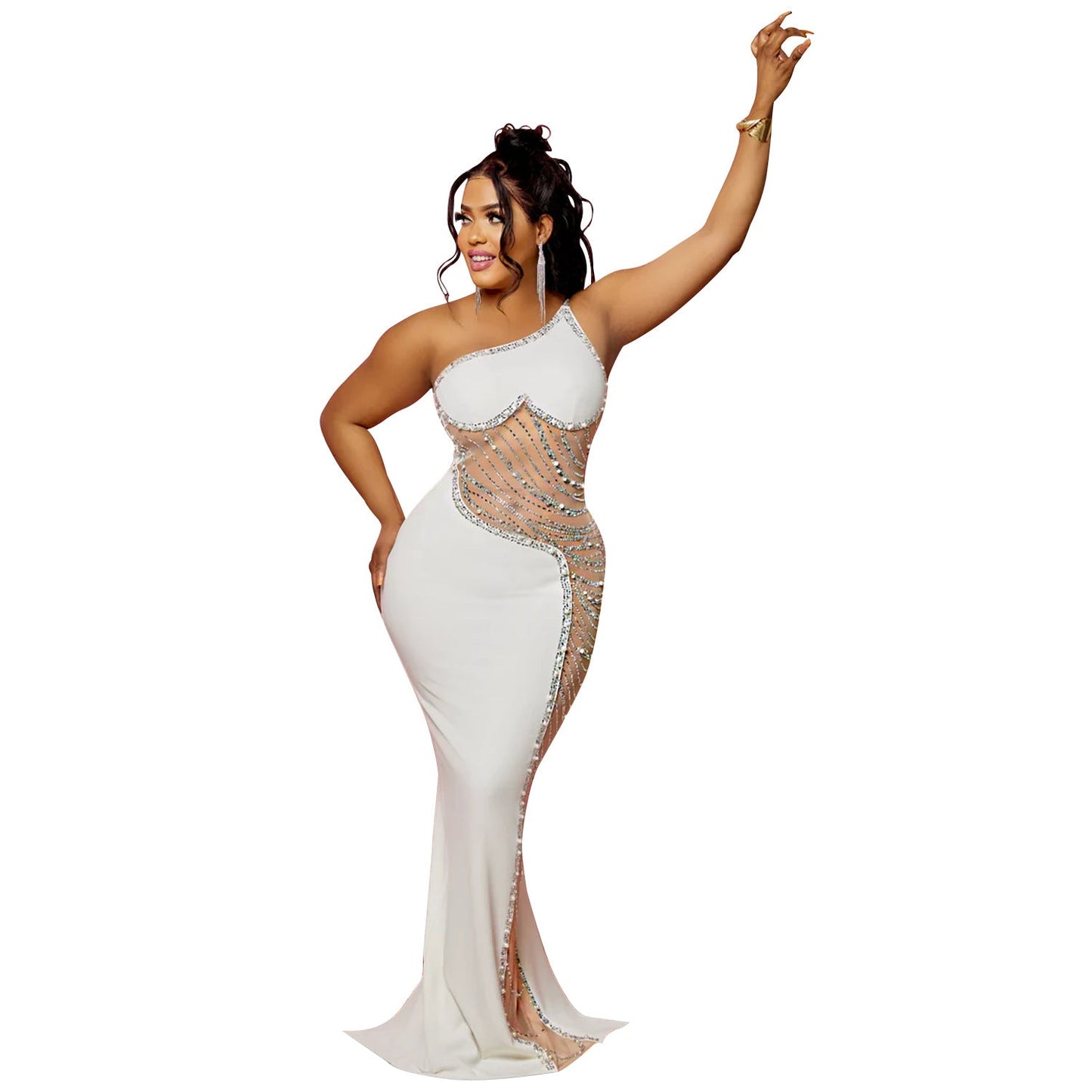 Summer Women Clothing Sexy Mesh See through Rhinestone Strap Length Dress