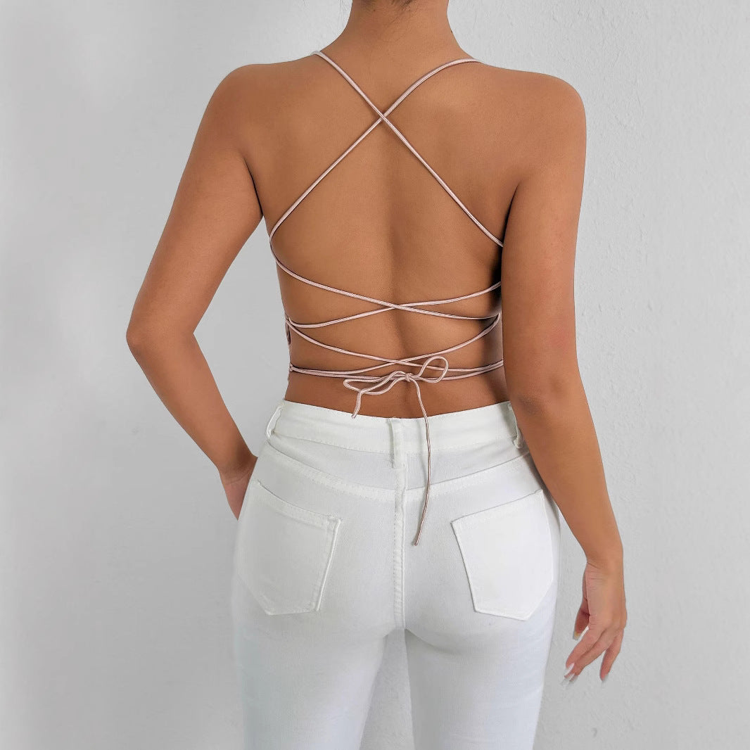 Summer V neck Strap Women Clothing Sexy Lace up Backless Top