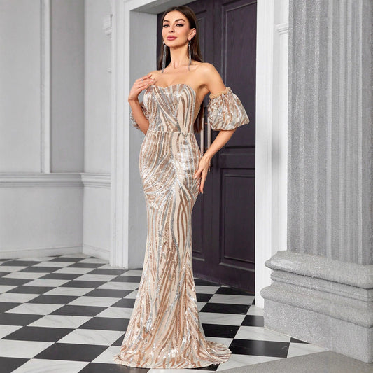 露肩高檔亮片晚禮服條紋撞色連身裙女士優雅晚宴禮服