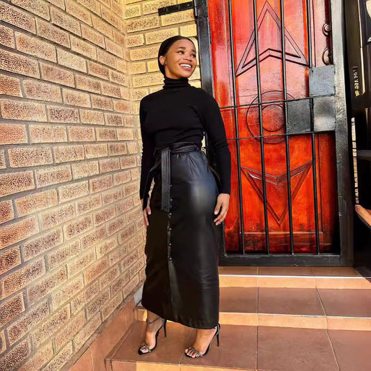 Women Clothing Autumn Winter Mid-Length Black Faux Leather Bag Buckle Slit Leather Skirt Containing Belt