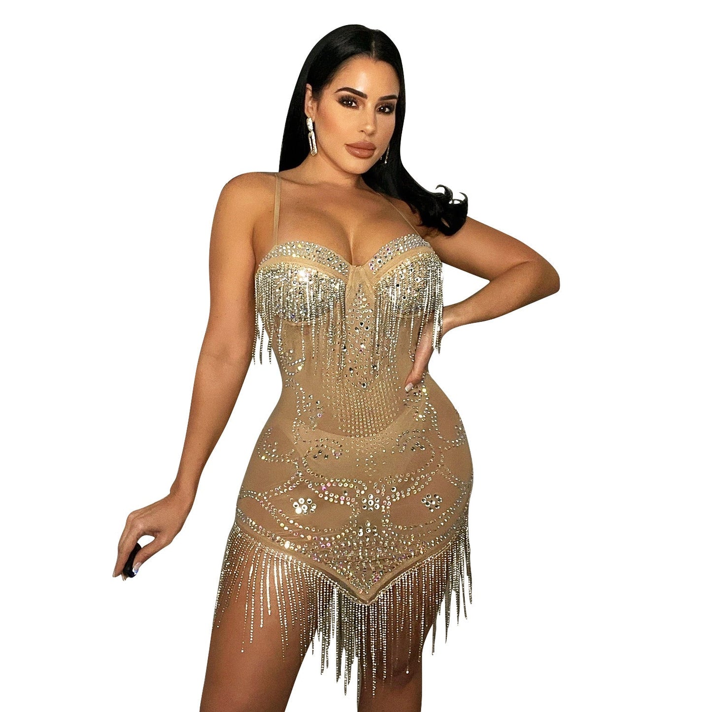 Summer Women Clothing Sexy Mesh Rhinestone Strap Tassel Dress Women