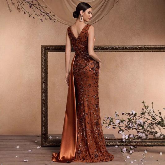 Elegant Sequin Stitching Fit V neck Sleeveless Elegant Gorgeous Noble Cocktail Party Formal Dinner Dress