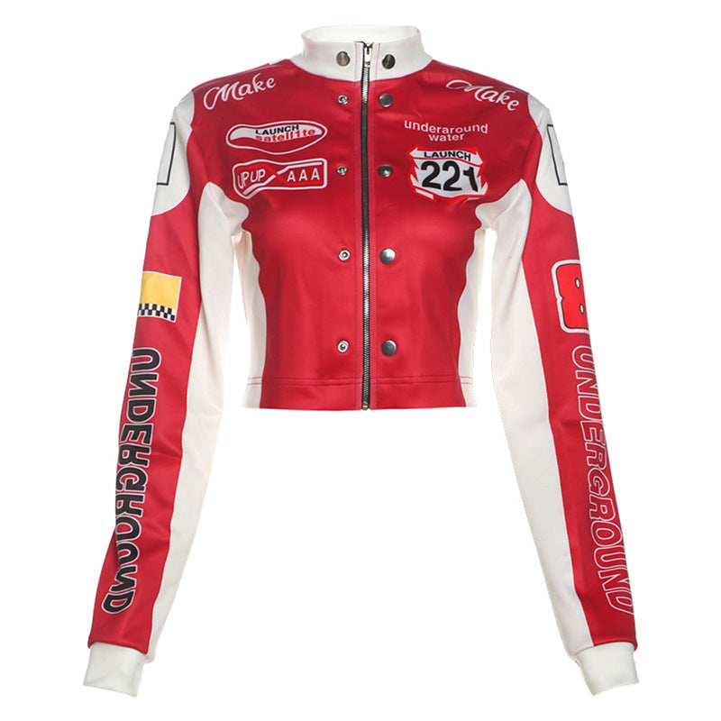 Autumn Winter Women Clothing Sexy Cropped Vintage Floral Print Long Sleeves Varsity Jacket