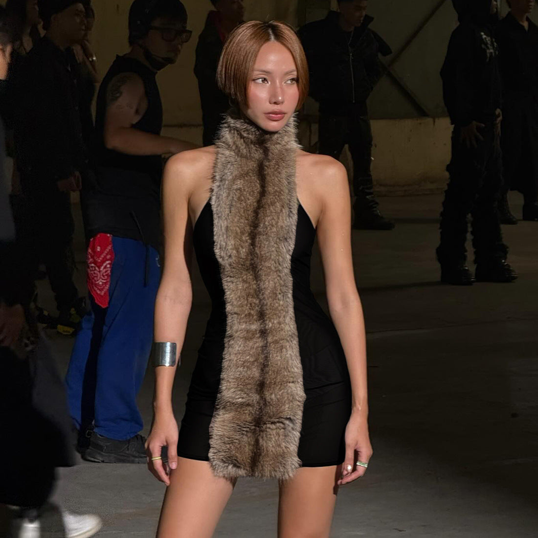 Fall Women Clothing Sexy Halter Backless Plush Stitching Contrast Color Sheath Dress