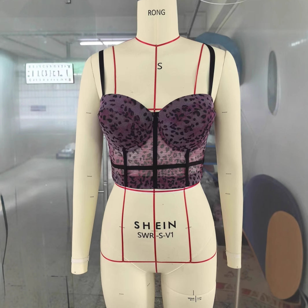 Sexy Leopard Print Stitching Bra Shoulder Straps High Grade Inner Mesh Lace See through Outer Wear Boning Corset Bra