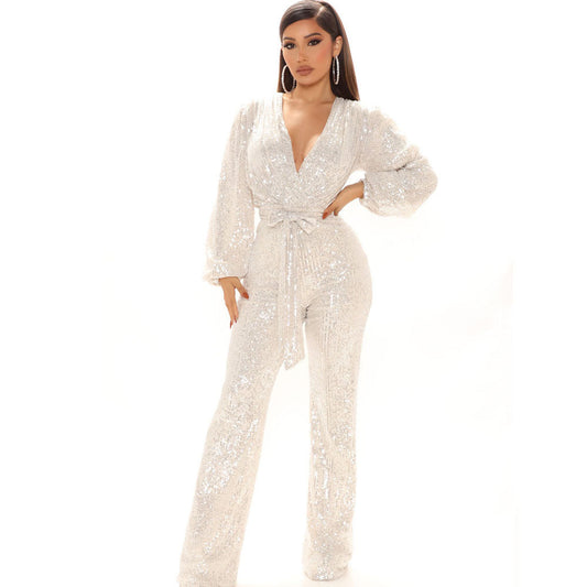 Fall High-End Women Sequ Deep V-neck Long Sleeve Jumpsuit Jumpsuit Trousers