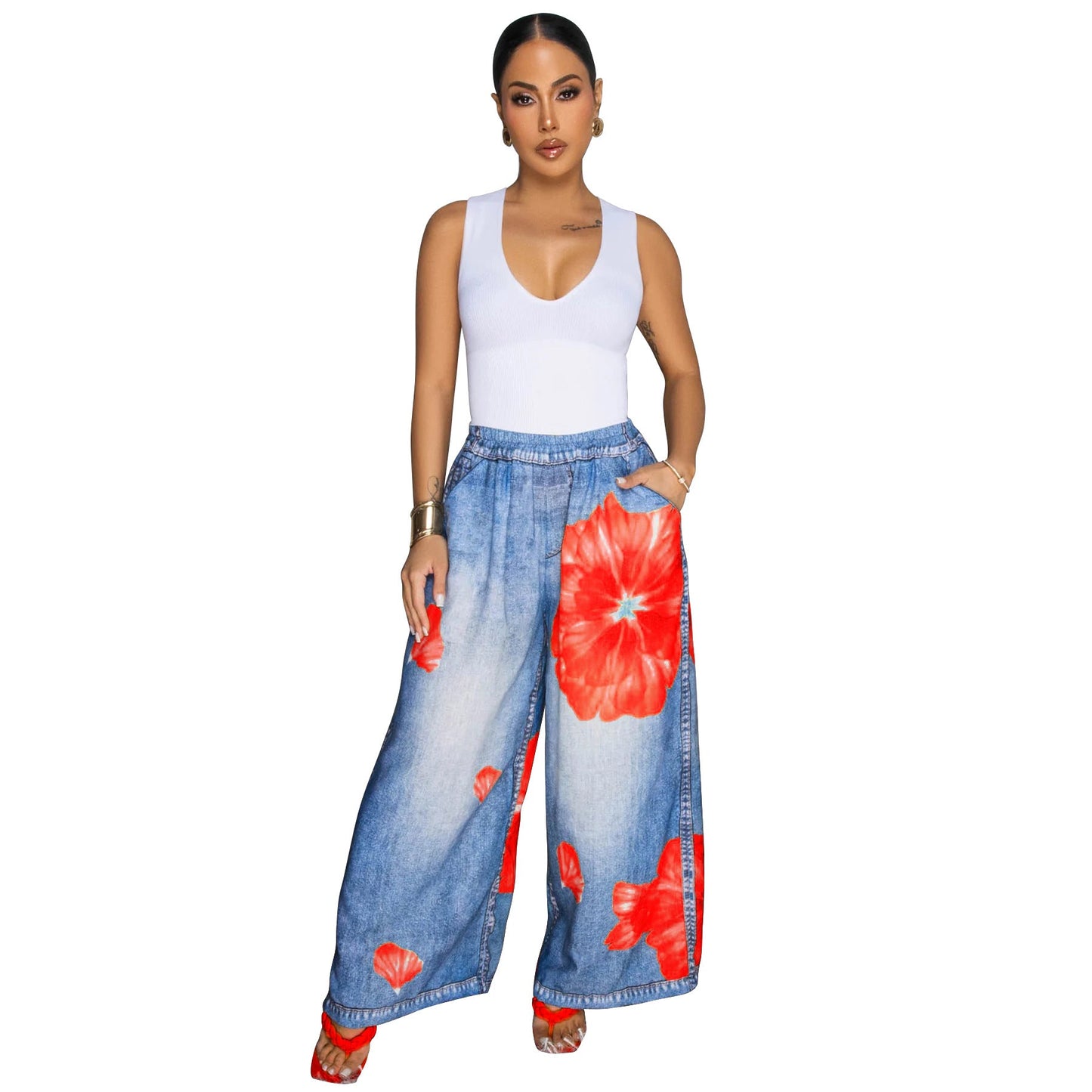 Women Clothing Russia Europe Printed Wide Leg Pants Casual Women Pants