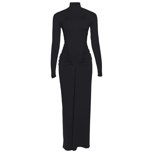 Fall Women Clothing Solid Color High Collar Slim Slimming Pleated Long Sleeve Dress