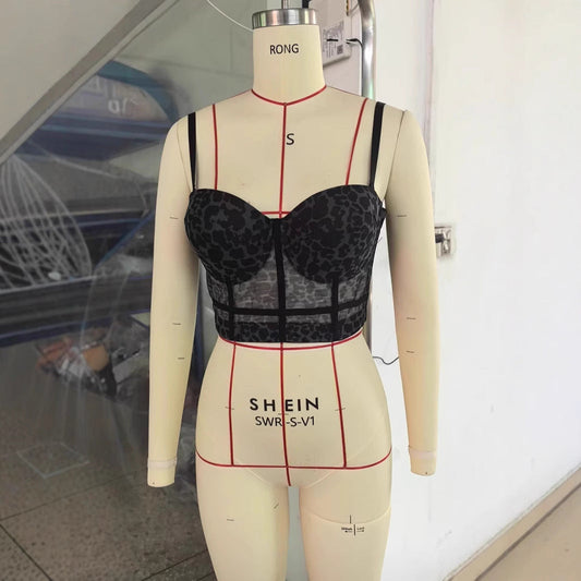 Sexy Leopard Print Stitching Bra Shoulder Straps High Grade Inner Mesh Lace See through Outer Wear Boning Corset Bra