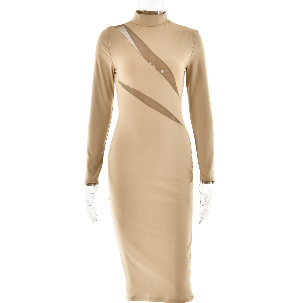 Spring round Neck Long Sleeve Stitching Dress Women Sexy Dress