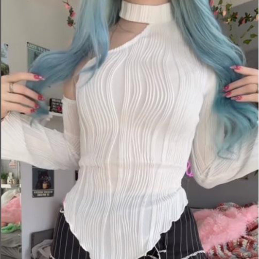 Spring Women Clothing Strip Sexy Street Long Sleeve Diagonal Collar Halterneck T Shirt Women