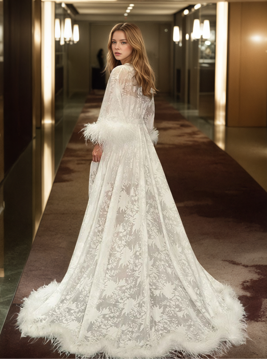 奢華白色羽毛邊蕾絲長袍套裝 | 新娘準備及拍攝禮服