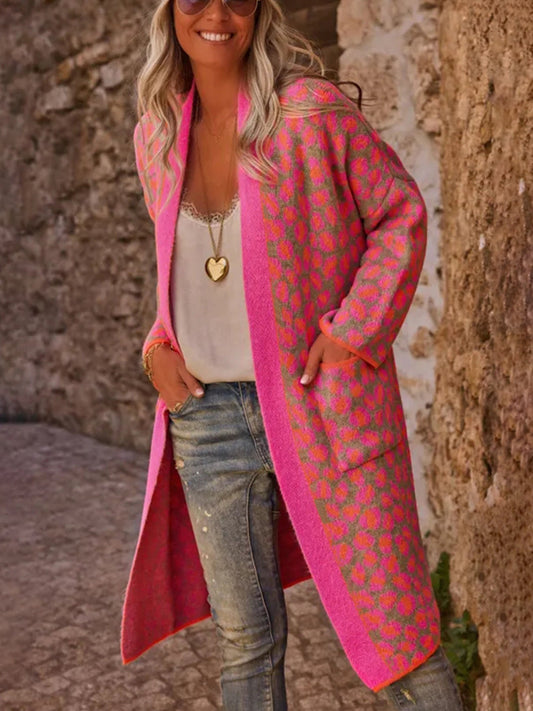 Autumn Winter Contrast Color Leopard Print Long Sweater Retro Pocket Sweater Women Coat