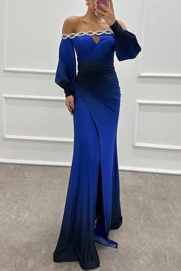 秋冬季長袖露肩印花洋裝休閒派對洋裝女裝