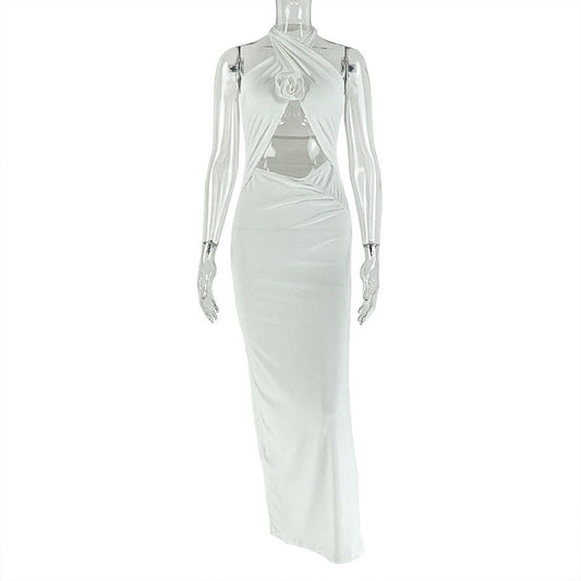 Women Clothing Hollowed Split Pleated Backless Hip Dress Cross Halterneck Solid Color Length Dress