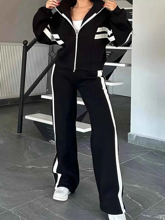 Full Size Contrast Stripe Zip Up Jacket and Pants Set Plus Size