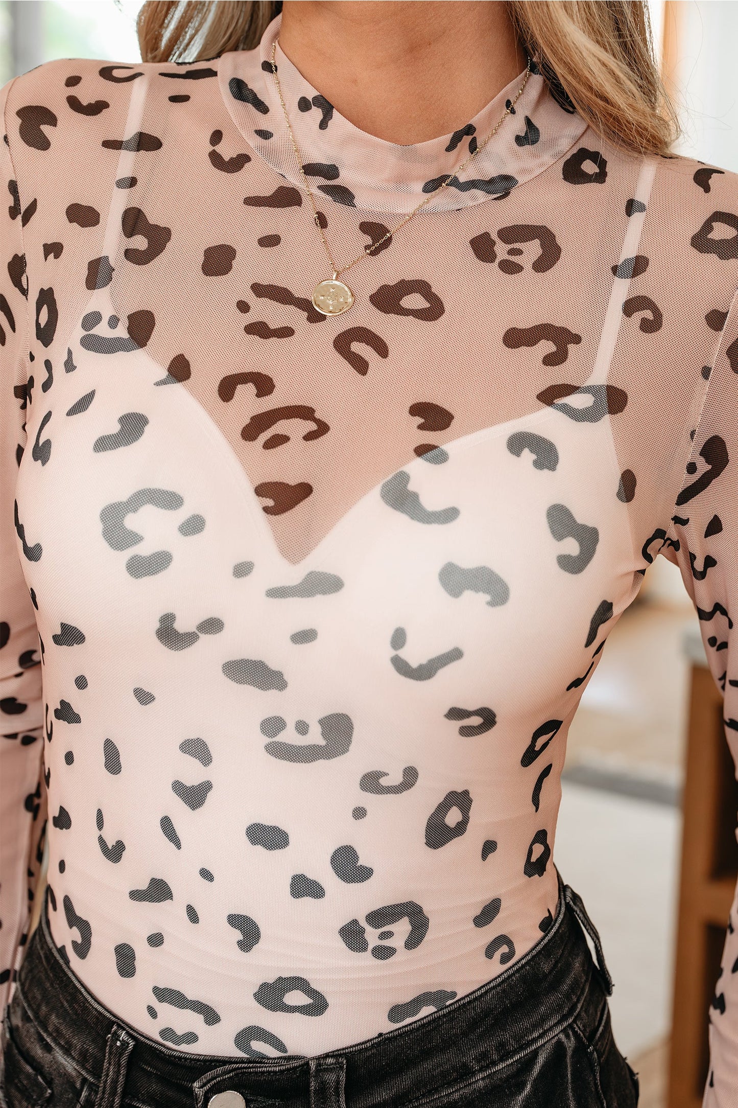 Khaki Mock Neck Sheer Mesh Leopard Long Sleeve Bodysuit