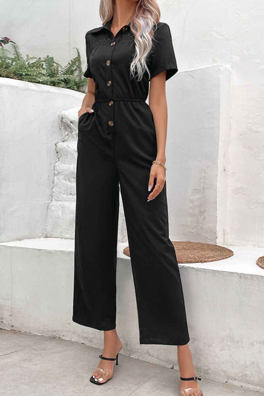 Perfee Collared Neck : Short Sleeve Jumpsuit