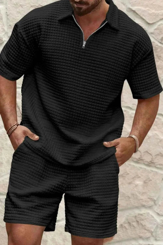 Men's Full Size Zip Collar Short Sleeve Top and Shorts Set Plus Size