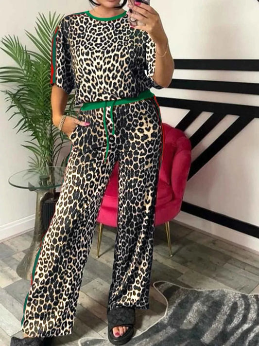 Leopard Round Neck Top and Pants Two-Piece Set