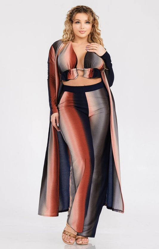 漸層色加大尺寸三件式羅紋露臍上衣褲套裝(含開襟衫)